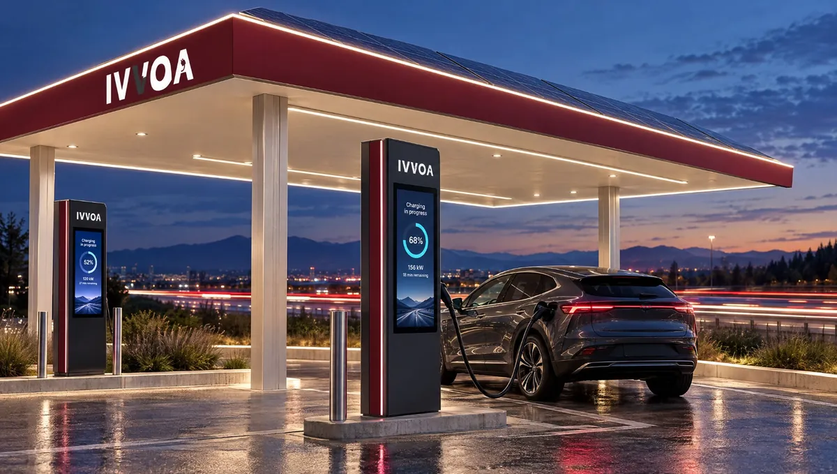IVVOA Hub at night: warm-white canopy edge light, lit fascia, DC charger with screen
