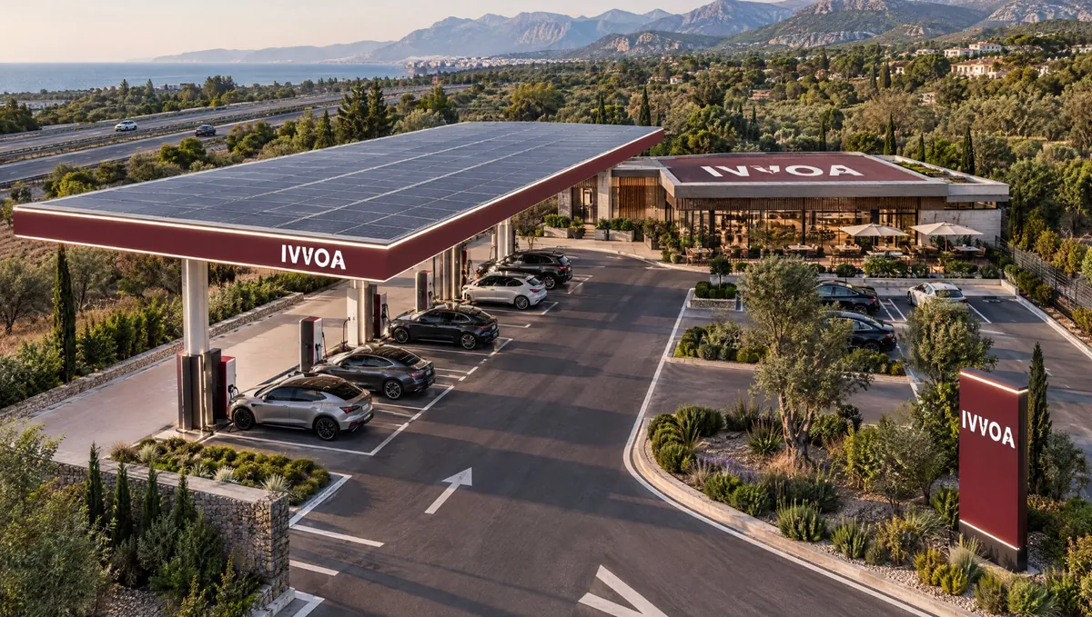 Aerial view of an IVVOA Hub: solar canopy roof, café pavilion, burgundy pylon