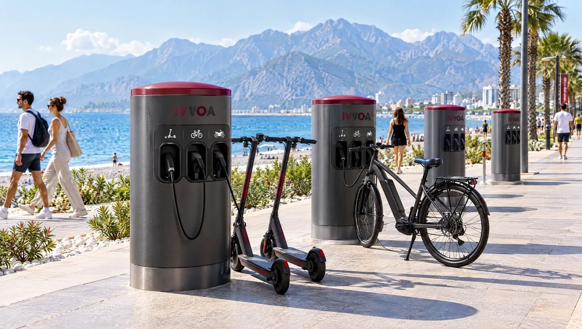 Spark two-wheeler chargers on the Konyaaltı promenade with e-scooters and e-bikes