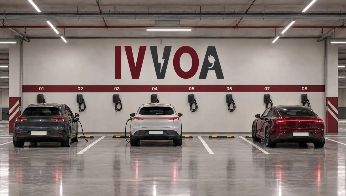 Apartment underground garage with shared graphite AC wallboxes and burgundy wall stripe
