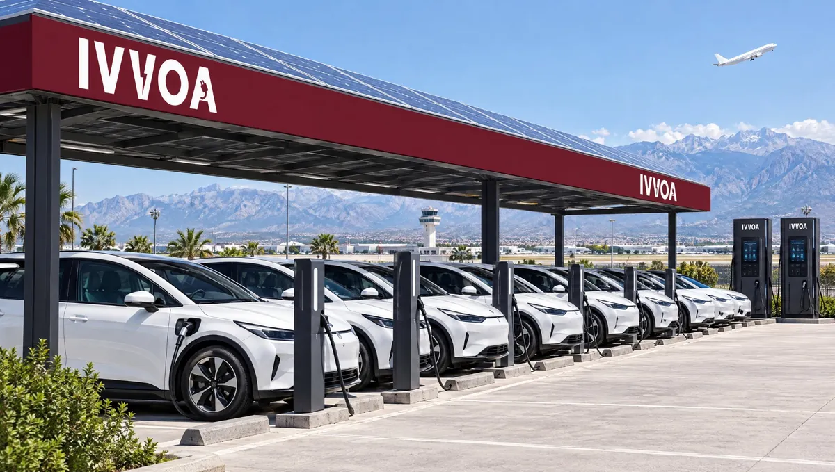 Rental-fleet carport with repeated wordmarks and numbered pedestals