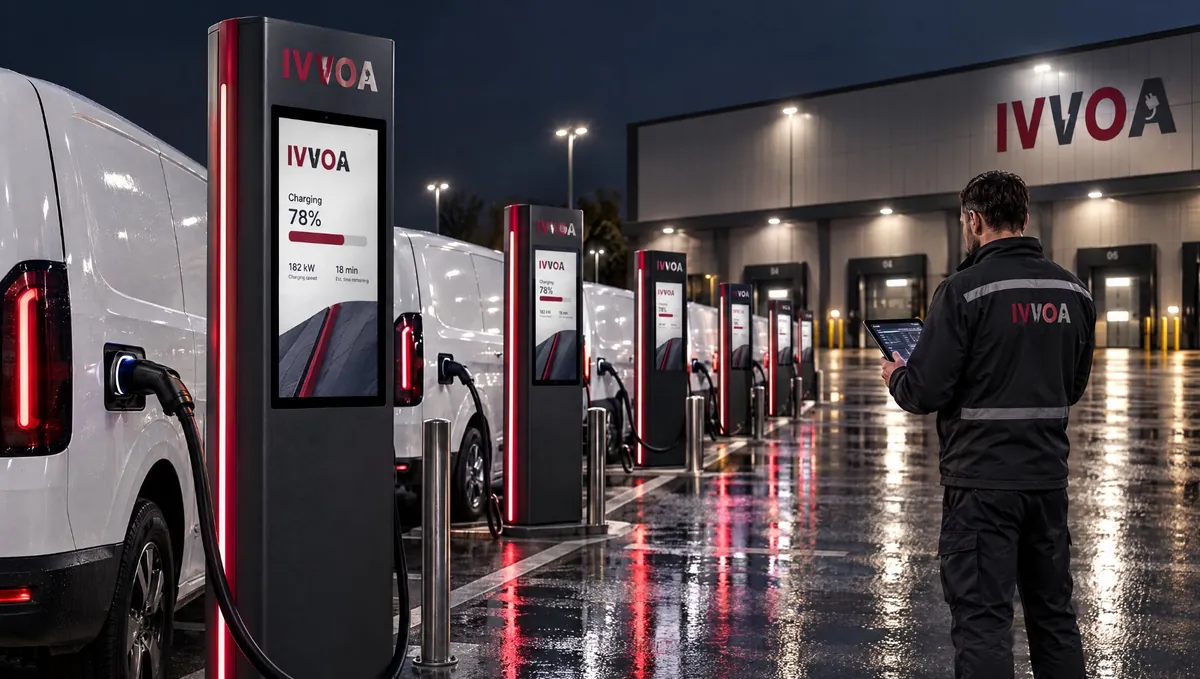 Delivery-van depot at night with high-power DC rows