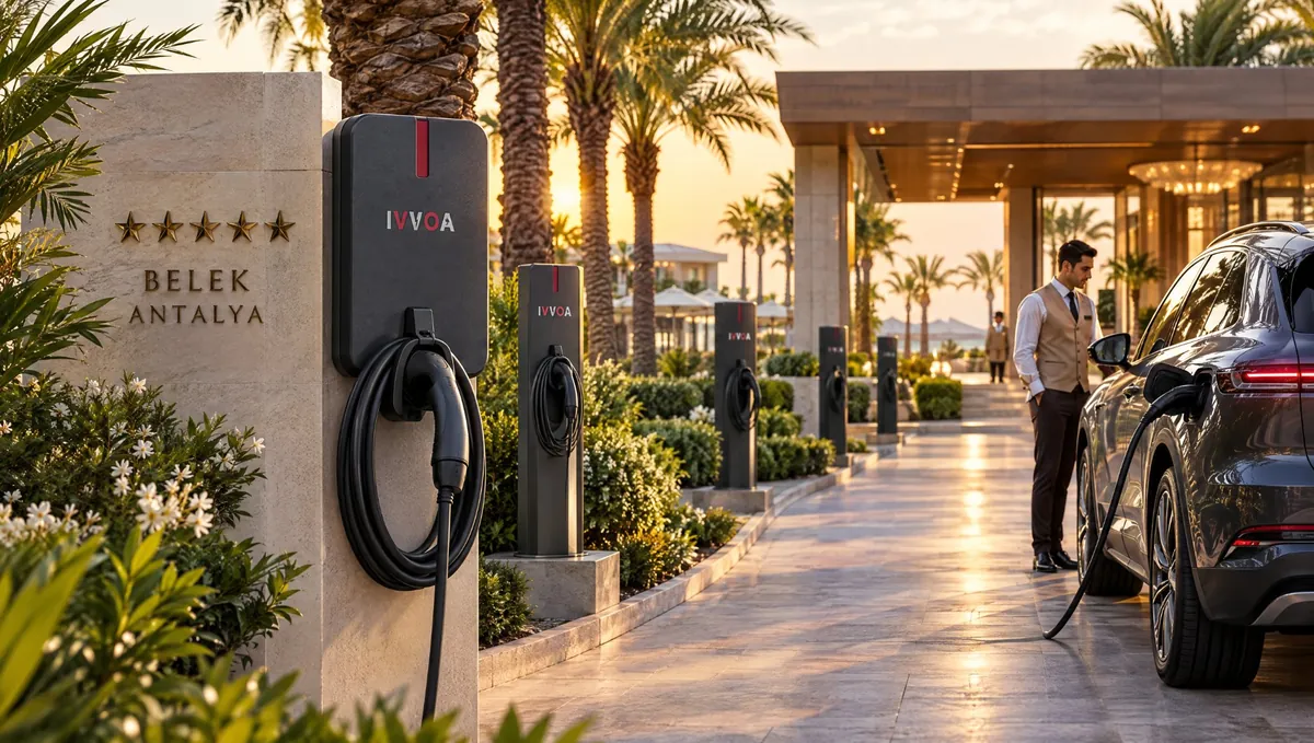 Belek resort with discreet AC pedestals among stone and planting