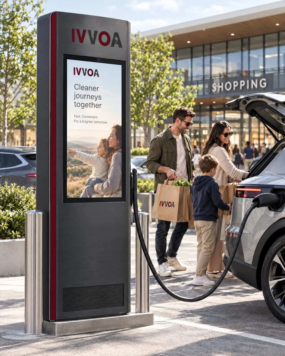 Mall DC charger with large advertising screen, family shopping (portrait 4:5)